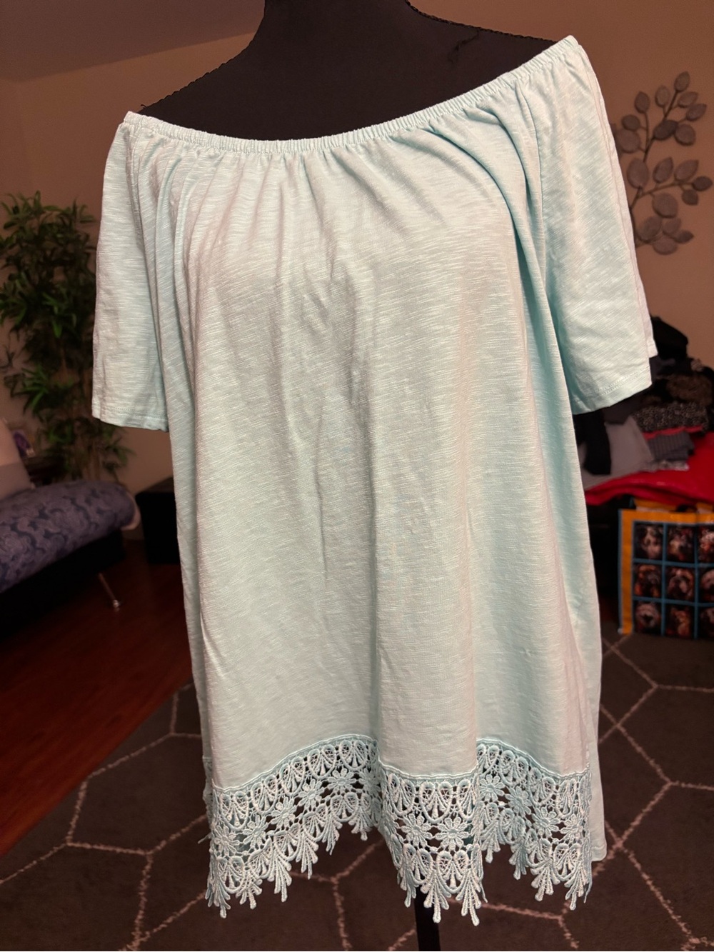 St. John's Bay Light Aqua Off-Shoulder Crochet Hem Tunic